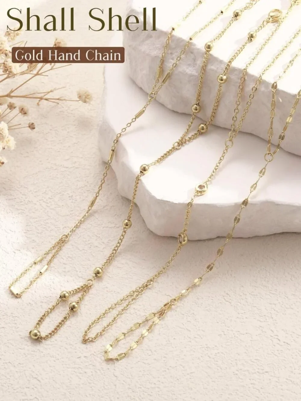 Dainty Gold Hand Chain Bracelets Set - 14K Plated Stackable Ring & Beaded